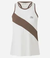 Musculosa deportiva de mujer, color blanco y marrón, con diseño de recortes diagonales y ribetes en contraste. Presenta un pequeño logo bordado en el pecho.