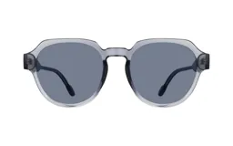 Lentes de sol con marco gris y lentes oscuros, estilo moderno y elegante.