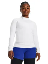 Remera deportiva blanca de manga larga con cuello alto y logo de Under Armour en el cuello.