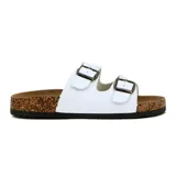 Sandalias bajas blancas con dos tiras con hebilla y suela de corcho.