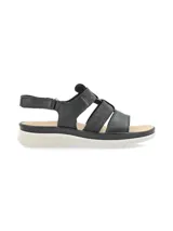 Sandalia negra con tiras de cuero y elástico con glitter, suela liviana y anatómica, tira trasera con velcro para ajuste.