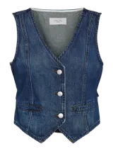 Chaleco de jean azul con cuello en V, cierre frontal con botones metálicos, bolsillos delanteros y corte a la cintura.