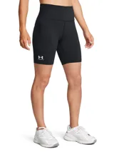 Short deportivo negro Under Armour HeatGear, de tiro alto y corte ajustado. Presenta logo estampado en la pierna izquierda.