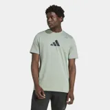 Remera de entrenamiento verde con logo Adidas negro en el pecho y estampado con texto en la espalda.