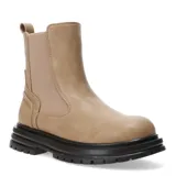 Bota negra con elástico lateral y cierre, diseño robusto y suela alta.