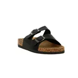 Sandalias bajas negras con dos tiras ajustables con hebilla y plantilla de corcho.