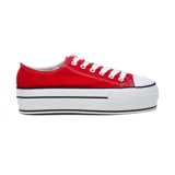 Zapatillas acordonadas blancas de tela con plataforma y detalles en burdeos y negro.