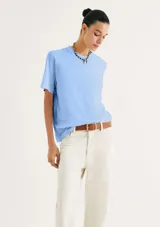 Remera color beige de corte clásico, con cuello redondo y mangas cortas.