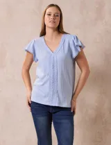 Blusa blanca de tejido pointelle con escote en V y aplique de puntilla en el cuello y mangas cortas con volados.