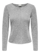 Top gris melange de punto, con cuello redondo y mangas largas.