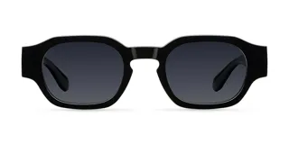 Gafas de sol unisex de forma geométrica, con montura negra y lentes polarizadas negras.