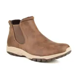 Botín Chelsea color marrón de Skechers, modelo Relaxed Fit: Reggae Fest 2.0, sin cordones, con parte superior de micropiel sintética, plantilla SKECHERS Air Cooled Memory Foam, media suela con absorción de impactos y suela con tracción de goma flexible.