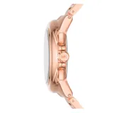 Reloj Michael Kors modelo Camille con caja y pulsera de acero inoxidable color oro rosa, esfera blanca con números romanos y tres subesferas de cronógrafo.