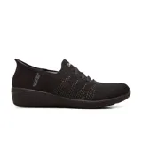 Zapatillas Skechers Slip-ins Arya Swiftly, color negro, diseñadas con tecnología Hands Free Slip-ins y Heel Pillow para un calce fácil y seguro. Capellada de tejido de punto elástico Stretch Fit, cordones elásticos fijos y plantilla acolchada Skechers Air-Cooled Memory Foam.