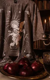 Remera gris nevado de manga corta y cuello redondo, con calce oversize y estampado sublimado con la leyenda "Tarot x Luxo La Templanza" y un diseño de copas.