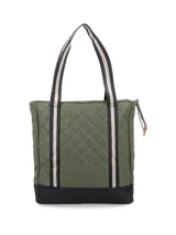 Cartera tipo shopper azul con diseño capitoneado y base negra. Tiene correas bitono, cierre de nylon con tirador textil, logo metálico, bolsillos interiores y compartimento acolchado para laptop.