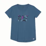 Remera de algodón azul marino con cuello redondo y logo de CAT estampado en el pecho en color lila y naranja.