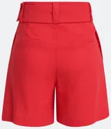 Short azul marino de lino con cinturón de hebilla cuadrada forrada y pliegues delanteros.