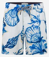 Bermuda de baño masculina en microfibra blanca con estampado de caracolas en tonos azules. Cuenta con cintura elástica ajustable con cordón y bolsillos laterales.