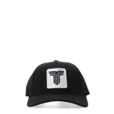 Gorra negra con paneles de malla en los laterales y logo bordado en blanco en el frente.