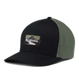 Gorra de béisbol Columbia color beige con paneles traseros de malla azul marino y logo de la marca bordado en el frente.