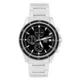 Reloj Casio Edifice plateado con esfera negra, cronógrafo y brazalete de acero inoxidable.