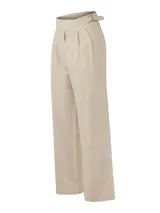 Pantalón de lino y viscosa color beige, de corte recto, con tiro alto, bolsillos laterales y ajuste en la cintura con hebillas.