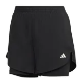 Short de running Adidas Aeroready Minimal 2 en 1 para mujer, color negro con logo blanco. Cuenta con short interior de compresión y tecnología Aeroready para absorción de la humedad.