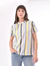 Remera de mangas cortas con cuello redondo y estampado a rayas verticales de colores pastel.
