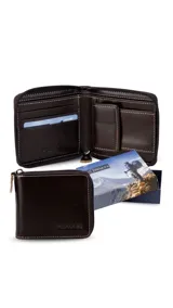 Billetera de cuero marrón oscuro con cierre perimetral. El interior cuenta con compartimentos para billetes, tarjeteros y un monedero con broche.