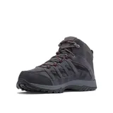 Bota de trekking Columbia Crestwood Mid Waterproof para hombre, color gris oscuro con detalles en negro y rojo. Confeccionada en cuero, malla y cinchas, con tecnología Omni-Tech impermeable y transpirable, entresuela TechLite para amortiguación y suela Omni-Grip para tracción en todo tipo de terrenos.