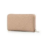 Billetera de cuero sintético color taupe con cierre perimetral y diseño acolchado con el logo de la marca.