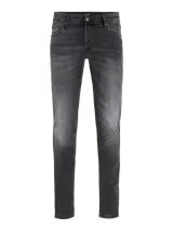 Jean slim fit de tiro bajo, color gris oscuro con efecto lavado. Diseño clásico de cinco bolsillos, cierre con botón y tejido de sarga super stretch.