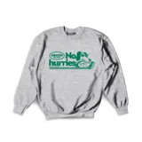 Buzo gris de algodón con estampa verde que incluye el texto "EMEXEM EST. 2009", un dibujo de un perro con gafas de sol y el texto "No hurries".