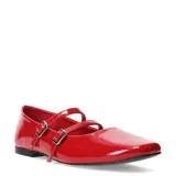 Balerina roja charolada con punta cuadrada y doble tira con hebilla.