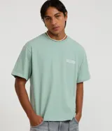 Remera de corte boxy, color verde menta, con cuello redondo y manga corta. Presenta un pequeño estampado en el pecho con texto en blanco.