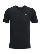 Remera negra de hombre Under Armour Rush Seamless Leg, de corte clásico y mangas cortas. Presenta logo de la marca en el pecho y detalle de color en la manga.