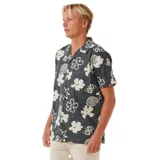 Camisa de manga corta con estampado de flores y espirales en tonos blanco y beige sobre fondo negro.