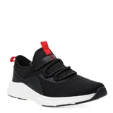 Championes de hombre sin acordonar, color negro con detalles en rojo y suela blanca.