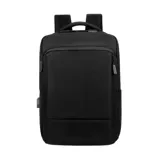 Mochila negra con doble bolsillo frontal con cierre, compartimento acolchado para laptop y puerto USB externo.