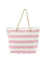 Bolso tipo tote con rayas horizontales rosas y blancas, con asas de soga.