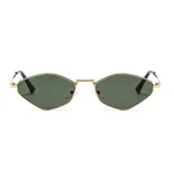Lentes de sol con forma geométrica, montura dorada y lentes verdes.