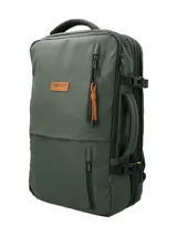 Mochila RKF unisex de poliéster reciclado repelente al agua, color gris. Cuenta con tres compartimentos independientes con cierre, compartimento para laptop de 15 pulgadas, triple bolsillo frontal con cierre, mango lateral, correas ajustables, almohadillas en la espalda, pasador para maleta y broches laterales.