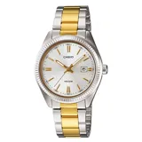 Reloj Casio analógico para mujer, con caja y brazalete de acero inoxidable bicolor (plateado y dorado). Presenta una esfera blanca con índices y manecillas doradas, bisel estriado y ventana de fecha a las 3.