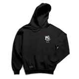 Buzo canguro negro con capucha y cordones ajustables. Estampado en el frente con un mapache y la palabra "EMEXEM" en tipografía gótica.