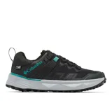 Championes de senderismo Columbia Facet 75 Outdry para mujer, color negro con detalles en turquesa y suela gris. Capellada de malla duradera con superposiciones sin costuras, membrana impermeable OutDry, sistema de ajuste Navic Fit, plantilla OrthoLite Eco y suela Adapt Trax.