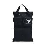 Mochila negra con múltiples bolsillos frontales, doble asa de mano y logo de Under Armour y Project Rock.