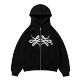 Sudadera con capucha o buzo con cierre aleatorio de la marca Luccabossio, color negro, con un gran signo de interrogación gris estampado en el frente.