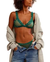 Bralette de encaje verde esmeralda con ribete de volantes y malla transparente de puntos.