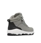 Bota de trekking Columbia Newton Wander LTR para mujer, color gris con detalles en negro y cordones celestes. Capellada de cuero impermeable, tecnología Omni-Tech para repelencia al agua y transpirabilidad, entresuela TechLite para amortiguación y absorción de impactos, y suela Omni-Grip para tracción en todo tipo de terreno.